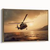 Vintage poster art of a golden helicopter on a black background, framed canvas, ideal for living room decor.