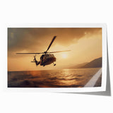Helicopter silhouette over sunset, rolled print with orange and purple sky, suitable as art wall for dining room.
