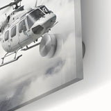Mid-century modernist art featuring a helicopter design in muted gray on large acrylic glass, ideal for dining room art.