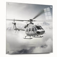 Side view of a helicopter in grayscale on acrylic glass, suitable for bedroom or dining room decor.