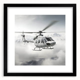 Abstract art print featuring a colorful, textured helicopter design on a large black-framed canvas.