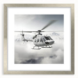 Textured abstract helicopter art in muted grays and silvers, framed with a silver mat, ideal for bedroom wall decor.