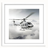 Abstract art print of a stylized helicopter in gray tones on a white framed canvas.