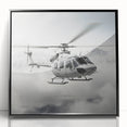 Framed acrylic print featuring a large abstract helicopter design in black and white, ideal for modern art wall decor.