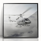 Framed acrylic print featuring a large abstract helicopter design in black and white, ideal for modern art wall decor.