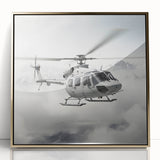 Mid-century modernist style helicopter print in muted gold and black on framed acrylic, ideal for nursery wall art.