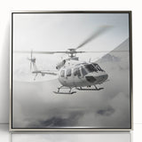 Mid-century modernist art deco helicopter illustration in silver frame, featuring muted gray tones.