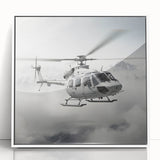 Art deco style helicopter in muted gray and blue tones, framed acrylic print, ideal for nursery wall art.