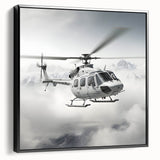 Black and white framed canvas featuring a side view of a vintage helicopter, ideal for bedroom wall decor.