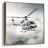 Framed canvas featuring a vintage poster of a helicopter in black and silver tones, ideal for bedroom wall art.
