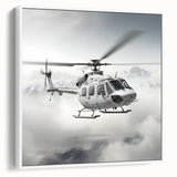 Vintage poster art of a helicopter on white framed canvas, featuring black and colorful accents, ideal for living room decor.