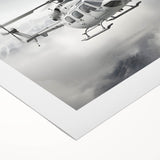 Art deco poster of a helicopter in monochrome shades on rolled canvas, suitable for dining room or bathroom wall art.