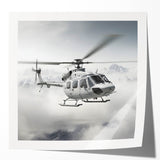 Helicopter blueprint-style art on rolled print, with neutral gray tones, suited for dining room or bathroom wall.