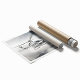 Helicopter in flight depicted on a rolled print with muted gray and blue tones, suitable for large living room wall decor.