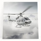 Black and white helicopter image on stretched canvas, ideal for kitchen wall art or bedroom decor.