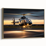 Gold-framed canvas featuring a side view of a vintage helicopter in black, ideal for bedroom wall decor.