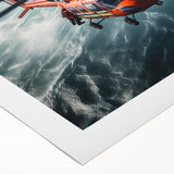 Art deco helicopter poster in muted metallic tones on rolled canvas, suitable for dining room decor.