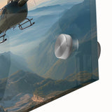 Close-up of a helicopter-themed acrylic print in muted metallic hues, suitable for bedroom or dining room decor.