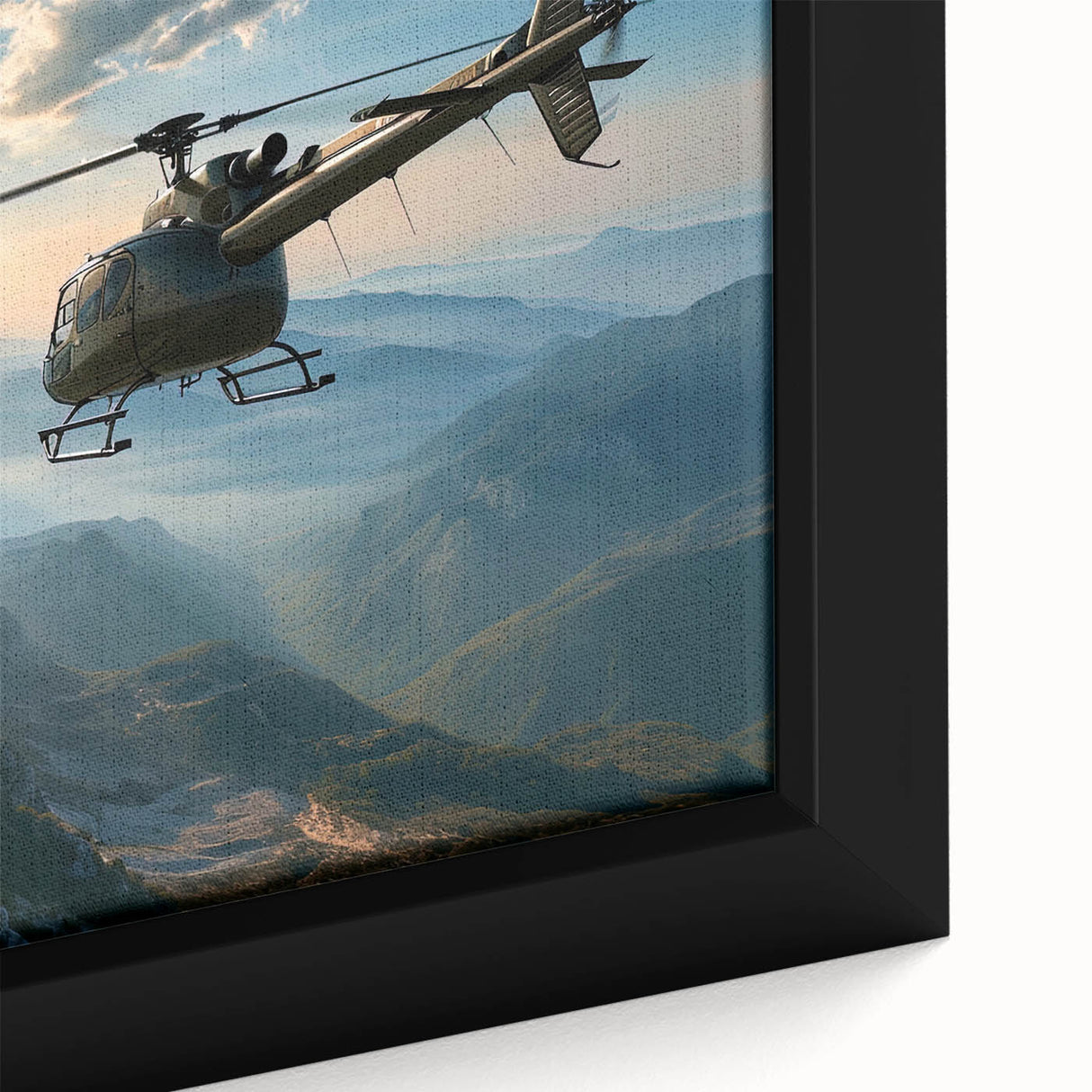 Extra large framed canvas featuring a textured, colorful art depiction of a black helicopter, ideal for living room decor.