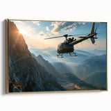 Framed canvas featuring a vintage-style black helicopter on a muted landscape background, ideal for bedroom wall art.
