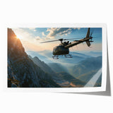 Helicopter in flight depicted in muted grayscale on a large rolled canvas, suitable for art wall dining room.