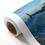 Art deco poster of a vintage helicopter in black and white, printed on rolled canvas.