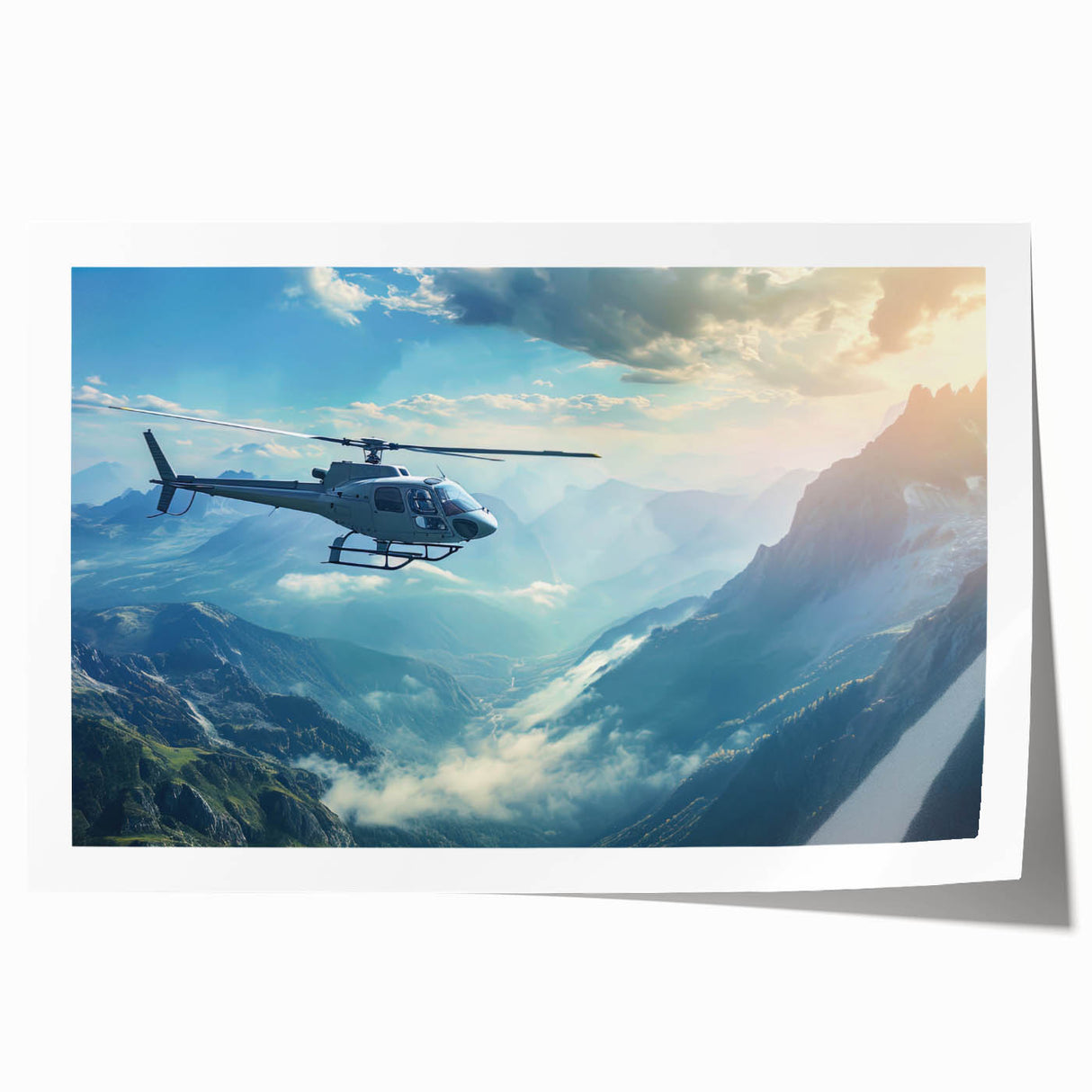 Helicopter silhouette on a rolled print with a monochrome background, ideal for modern dining room decor.