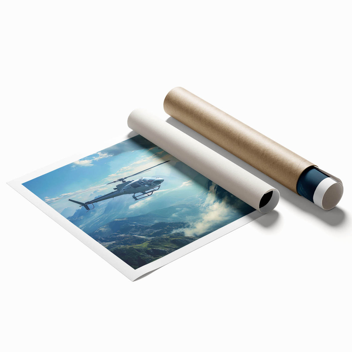 Extra large wall art featuring a helicopter in muted gray and blue tones on rolled canvas.