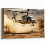 Framed canvas featuring a side view of a vintage black helicopter on a gold background, ideal for bedroom wall art.