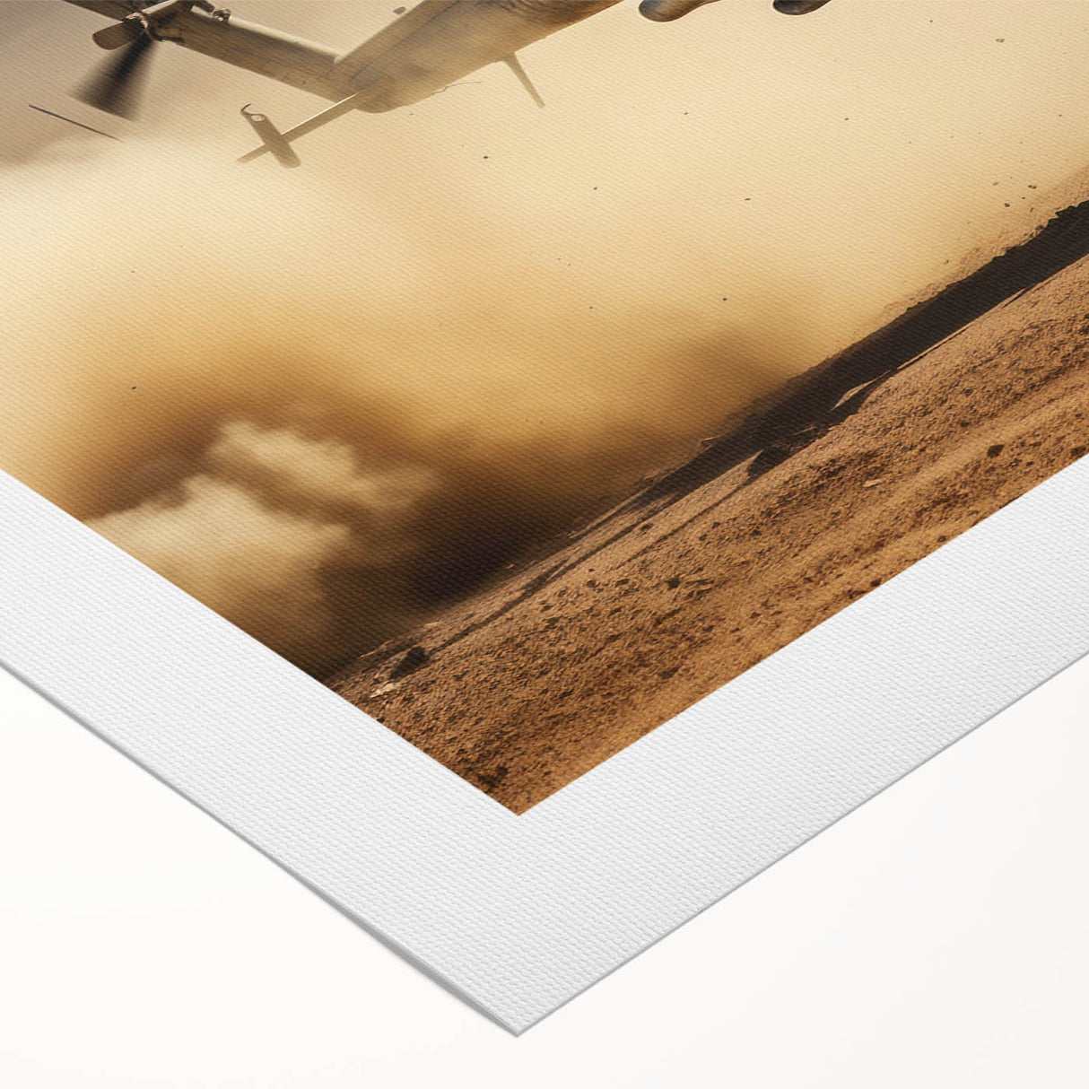 Art deco poster featuring a detailed helicopter illustration in black and white on rolled canvas.