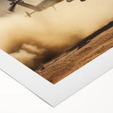 Art deco poster featuring a detailed helicopter illustration in black and white on rolled canvas.