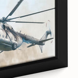 Extra large framed canvas featuring a black helicopter on a textured, colorful background, ideal for living room decor.