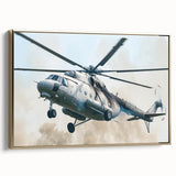 Side view of a vintage helicopter in black and gold on a framed canvas, suitable for bedroom wall art.