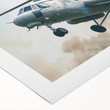 Art deco poster featuring a stylized helicopter in monochrome shades on rolled canvas.