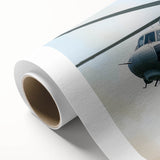 Art deco style helicopter illustration in muted blues and grays on rolled canvas, ideal for nursery wall art.