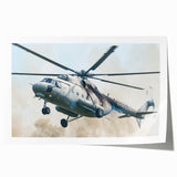 Helicopter design on rolled print with muted gray tones, suitable as art wall dining room.