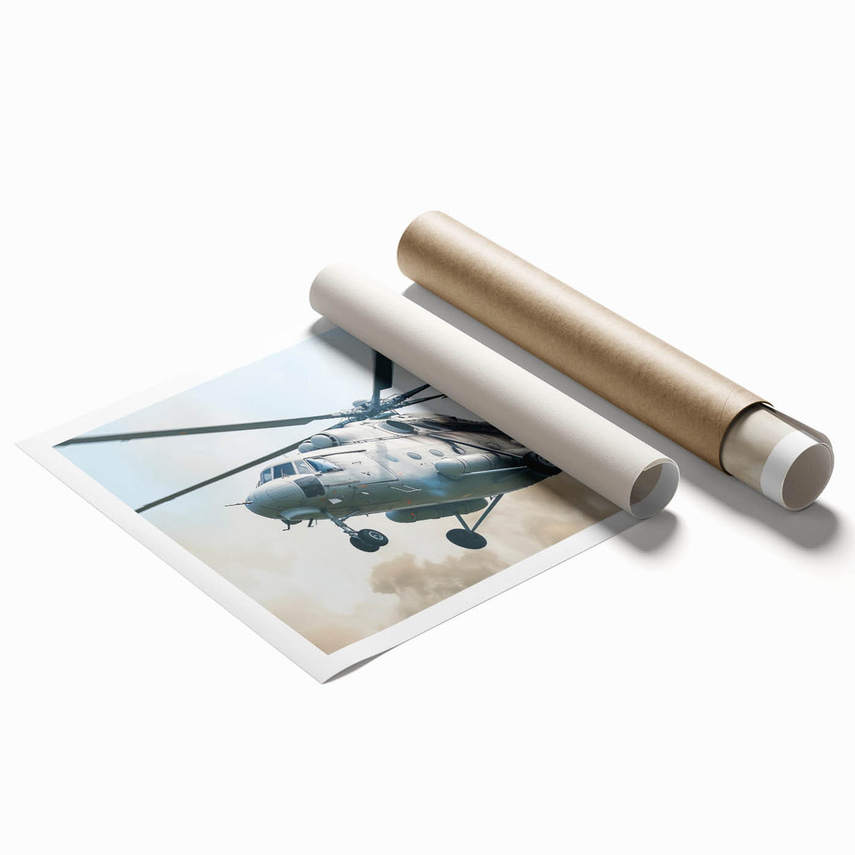 Extra large helicopter wall art on a rolled print, featuring muted gray tones, ideal for classy bathroom decor.