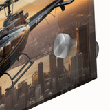 Large abstract wall art featuring a mid-century modernist helicopter design in muted gray tones on acrylic glass.