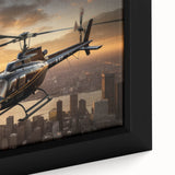 Close-up of a black canvas featuring a textured, colorful helicopter design, ideal for extra large living room wall art.