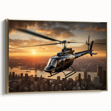 Vintage poster style helicopter in gold and black tones on a framed canvas, suitable for bedroom wall art.