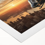 Art deco poster featuring a helicopter in muted gray and blue tones on rolled canvas, suitable for dining room decor.