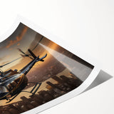 Extra large wall art featuring a helicopter line art on rolled canvas, neutral tones, suitable for large living room decor.