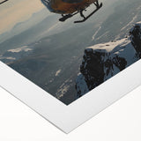 Art deco poster of a vintage helicopter in muted gray and blue tones on rolled canvas, suitable for dining room wall art.