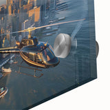 Mid-century modernist helicopter design in muted gray and blue tones on acrylic glass, suitable for dining room art.