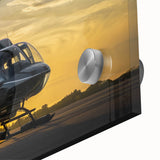 Large abstract wall art featuring a helicopter design in muted grays and blues on acrylic glass.