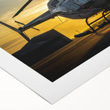 Art deco poster of a stylized helicopter in black and gray tones on rolled canvas, suitable for dining room decor.