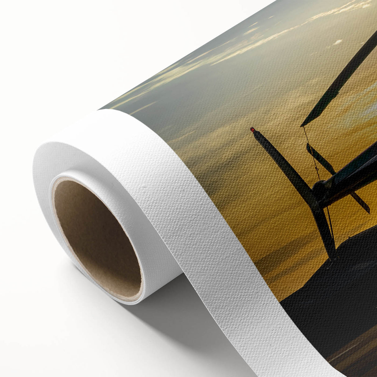 Art deco style helicopter illustration in muted blue and gray tones on rolled canvas, ideal for nursery wall art.