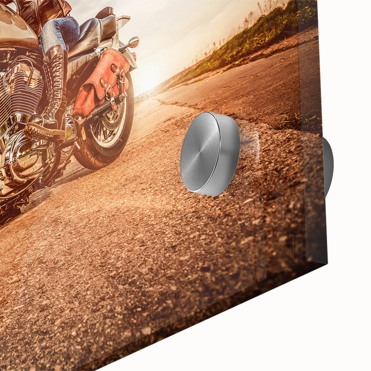 Large abstract motorbike print in black and white on acrylic glass.