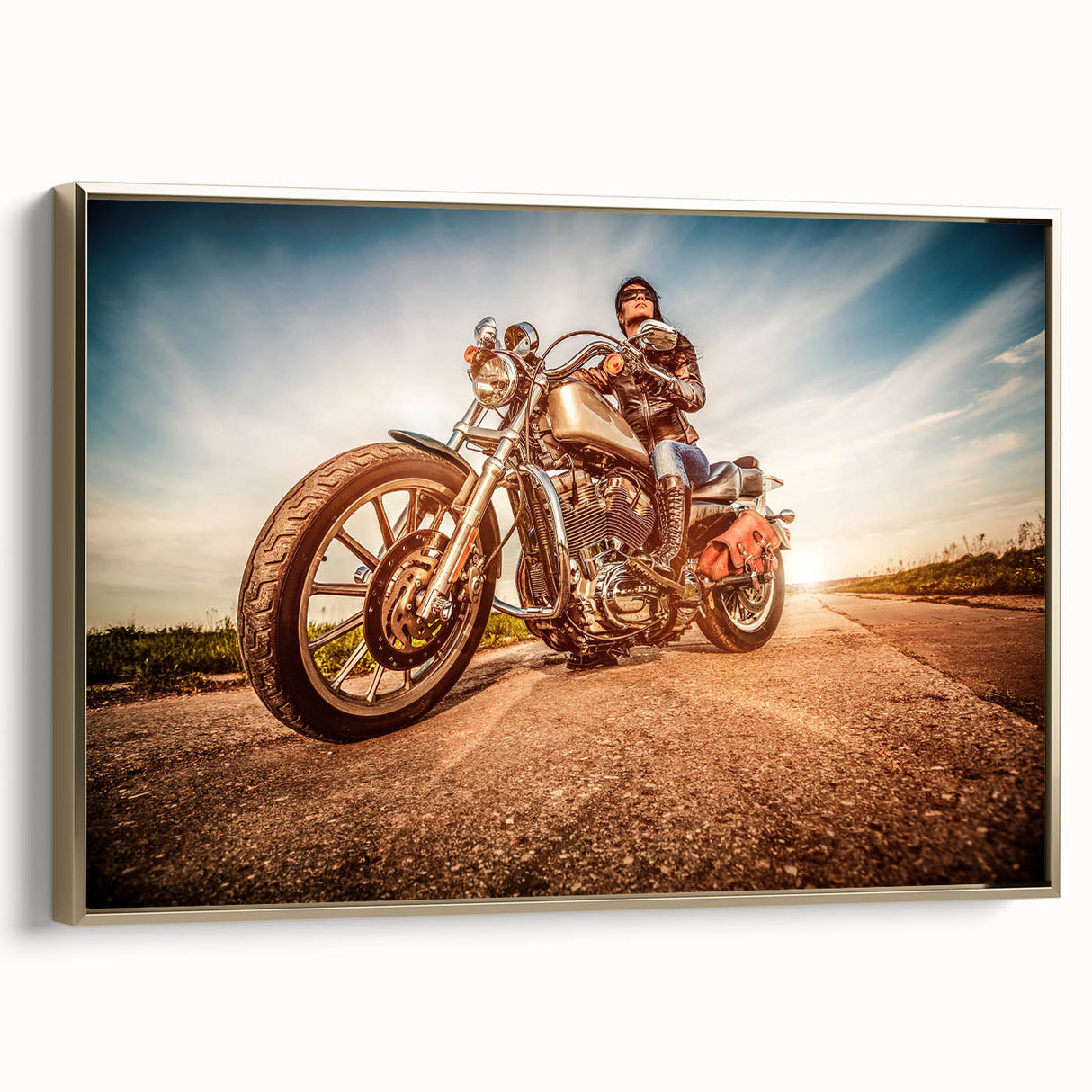 Vintage poster art of a black motorcycle on gold-framed canvas, ideal for bedroom wall decor.