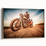 Vintage poster art of a black motorcycle on gold-framed canvas, ideal for bedroom wall decor.